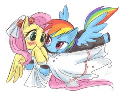 Size: 700x525 | Tagged: safe, artist:yubi, imported from derpibooru, fluttershy, rainbow dash, pegasus, pony, blushing, bridal carry, carrying, clothes, dress, female, flutterdash, lesbian, mare, shipping, smiling, wedding