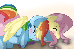 Size: 5000x3344 | Tagged: safe, artist:llamaswithkatanas, imported from derpibooru, fluttershy, rainbow dash, pegasus, pony, blushing, eyes closed, female, flutterdash, lesbian, mare, shipping, smiling, wing blanket