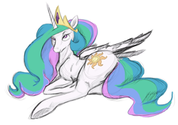 Size: 750x527 | Tagged: artist needed, safe, imported from derpibooru, princess celestia, alicorn, pony, butt, crown, female, jewelry, mare, plot, prone, regalia, simple background, solo, sultry pose, sunbutt, the ass was fat, white background