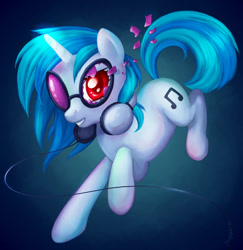 Size: 1024x1054 | Tagged: safe, artist:pony-by-firelight, imported from derpibooru, dj pon-3, vinyl scratch, pony, unicorn, broken accessory, female, gradient background, headphones, jumping, mare, solo