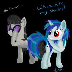 Size: 900x900 | Tagged: safe, artist:sirradical, edit, imported from derpibooru, dj pon-3, octavia melody, vinyl scratch, earth pony, pony, unicorn, accessory theft, black background, female, lesbian, mare, scratchtavia, shipping, simple background