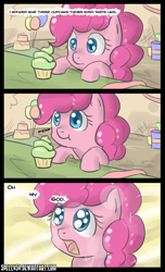 Size: 700x1151 | Tagged: safe, artist:speccysy, imported from derpibooru, pinkie pie, earth pony, pony, colored pupils, comic, cupcake, cute, dialogue, diapinkes, eating, enlightenment, female, filly, foal, food, mare, mind blown, solo, younger