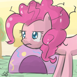 Size: 900x900 | Tagged: safe, artist:speccysy, imported from derpibooru, pinkie pie, earth pony, pony, female, frown, mare, messy mane, solo, tent, tired