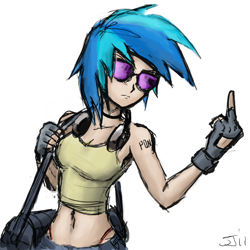 Size: 900x900 | Tagged: safe, artist:johnjoseco, artist:michos, imported from derpibooru, dj pon-3, vinyl scratch, human, clothes, female, fingerless gloves, gloves, headphones, humanized, middle finger, midriff, simple background, skinny, solo, vulgar, white background