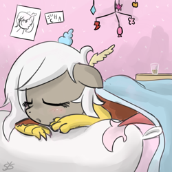 Size: 900x900 | Tagged: safe, artist:speccysy, imported from derpibooru, discord, adoreris, blushing, cute, eris, rule 63, rule63betes, sleeping, solo, younger