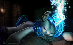 Size: 1600x987 | Tagged: safe, artist:holyshmow, imported from derpibooru, dj pon-3, vinyl scratch, pony, unicorn, female, headphones, magic, mare, prone, sleep casting, sleep magic, sleeping, solo