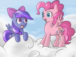 Size: 900x675 | Tagged: safe, artist:speccysy, imported from derpibooru, pinkie pie, oc, oc:raindrops, pegasus, pony, cloud, cloudy, duo, duo female, female, hair bow, happy, mare, race swap