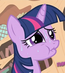 Size: 317x353 | Tagged: safe, imported from derpibooru, screencap, twilight sparkle, pony, unicorn, it's about time, cropped, explicit source, female, golden oaks library, mare, puffy cheeks, solo, sweat, unicorn twilight