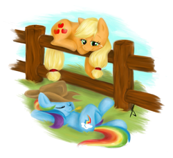 Size: 815x747 | Tagged: safe, artist:littletiger488, imported from derpibooru, applejack, rainbow dash, earth pony, pegasus, pony, accessory swap, appledash, female, fence, lesbian, mare, on back, prone, resting, shipping, smiling