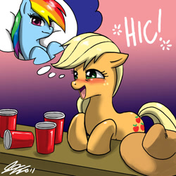 Size: 900x900 | Tagged: safe, artist:johnjoseco, imported from derpibooru, applejack, rainbow dash, earth pony, pegasus, pony, appledash, blushing, cup, dream, drunk, drunk aj, female, gradient background, hiccup, lesbian, mare, onomatopoeia, shipping, thought bubble