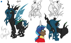 Size: 2000x1200 | Tagged: safe, artist:nakkistiltz, imported from derpibooru, queen chrysalis, shining armor, changeling, changeling queen, human, changeling king, dark skin, elf ears, female, horned humanization, humanized, king metamorphosis, male, rule 63, simple background, white background