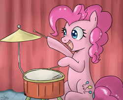 Size: 900x736 | Tagged: safe, artist:speccysy, imported from derpibooru, pinkie pie, earth pony, pony, ba dum tss, drums, female, happy, hoof hold, mare, musical instrument, open mouth, open smile, rimshot, signature, sitting, smiling, solo, stage