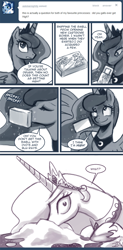 Size: 600x1219 | Tagged: safe, artist:johnjoseco, imported from derpibooru, princess celestia, princess luna, alicorn, pony, ask princess molestia, gamer luna, princess molestia, cocaine, comic, drugs, female, funny, funny as hell, mare, monochrome, sniffing