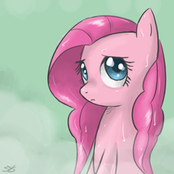 Size: 900x900 | Tagged: dead source, safe, artist:speccysy, imported from derpibooru, pinkie pie, earth pony, pony, cute, diapinkes, female, frown, mare, sitting, solo, wet mane