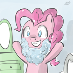 Size: 900x900 | Tagged: safe, artist:speccysy, imported from derpibooru, pinkie pie, earth pony, pony, bubble, fake beard, female, happy, mare, no pupils, solo