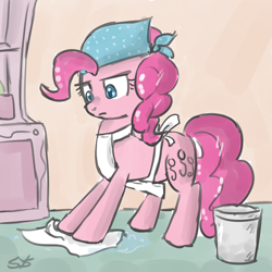 Size: 900x900 | Tagged: safe, artist:speccysy, imported from derpibooru, pinkie pie, earth pony, pony, apron, bandana, bucket, cleaning, clothes, female, mare, solo