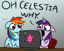 Size: 571x459 | Tagged: source needed, safe, artist:spurkeht, color edit, edit, imported from derpibooru, rainbow dash, twilight sparkle, pegasus, pony, unicorn, ..., chair, colored, computer, duo, duo female, female, floppy ears, frown, gradient background, horrified, laptop computer, mare, meme, open mouth, reaction image, shocked, sitting, why, wide eyes