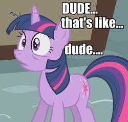 Size: 376x360 | Tagged: safe, edit, edited screencap, imported from derpibooru, screencap, twilight sparkle, pony, unicorn, caption, drugs, female, image macro, mare, reaction image, solo, text, wat