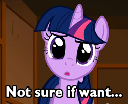 Size: 420x339 | Tagged: safe, edit, edited screencap, imported from derpibooru, screencap, twilight sparkle, pony, unicorn, female, mare, not sure if want, reaction image, solo