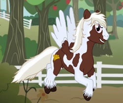 Size: 1200x999 | Tagged: safe, artist:hakar-kerarmor, imported from derpibooru, oc, oc only, oc:nors, pegasus, pony, fence, flying, male, piebald coat, piebald colouring, ridiculously photogenic stallion, solo, stallion, tree, unshorn fetlocks