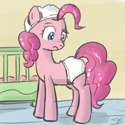 Size: 900x900 | Tagged: safe, artist:speccysy, imported from derpibooru, pinkie pie, earth pony, pony, abdl, crib, diaper, diaper on head, female, frown, looking back, mare, non-baby in diaper, solo