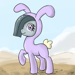 Size: 900x900 | Tagged: safe, artist:speccysy, imported from derpibooru, marble pie, earth pony, pony, bunny costume, clothes, female, mare, raised hoof, smiling, solo