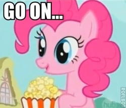 Size: 309x266 | Tagged: safe, edit, edited screencap, imported from derpibooru, screencap, pinkie pie, earth pony, pony, applebuck season, female, go on, hub logo, mare, popcorn, reaction image, roflbot, solo