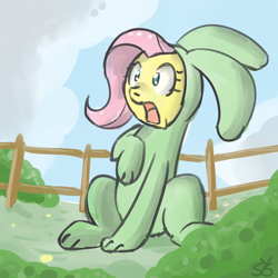 Size: 900x900 | Tagged: safe, artist:speccysy, imported from derpibooru, fluttershy, pegasus, pony, bunny costume, bunnyshy, clothes, female, fence, mare, shocked, sitting, solo