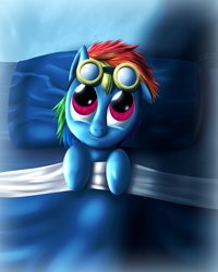 Size: 1200x1500 | Tagged: safe, artist:shinzm, imported from derpibooru, rainbow dash, pegasus, pony, bed, female, filly, foal, goggles, on back, pillow, solo, younger