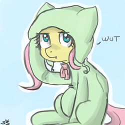 Size: 900x900 | Tagged: safe, artist:speccysy, imported from derpibooru, fluttershy, cat, pegasus, pony, cat's pajamas, clothes, confluttershy, confused, costume, cute, female, footed sleeper, hat, kigurumi, mare, pajamas, shyabetes, sitting, solo, wat