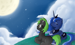 Size: 900x540 | Tagged: safe, artist:speccysy, imported from derpibooru, princess luna, oc, alicorn, earth pony, pony, duo, female, male, mare, moon, night, prone, smiling, stallion