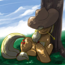 Size: 900x900 | Tagged: safe, artist:johnjoseco, imported from derpibooru, applejack, earth pony, pony, applejack's hat, cowboy hat, dappled sunlight, female, hat, hat over eyes, mare, prone, resting, signature, smiling, smirk, solo, straw, tree