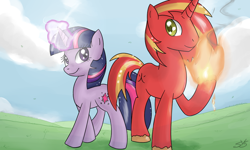 Size: 900x540 | Tagged: safe, artist:speccysy, imported from derpibooru, twilight sparkle, oc, oc:pyro, pony, unicorn, duo, female, fire, magic, male, mare, pyromancy, smiling, stallion