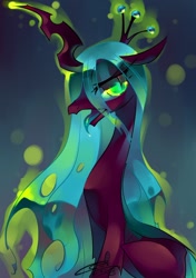 Size: 1000x1417 | Tagged: dead source, safe, artist:iopichio, imported from derpibooru, queen chrysalis, changeling, changeling queen, crown, female, jewelry, looking at you, regalia, sitting, solo, tongue out