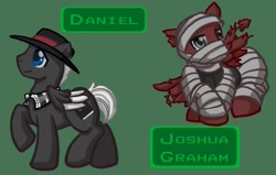 Size: 583x370 | Tagged: safe, artist:melle-d, imported from derpibooru, pegasus, pony, daniel, duo, duo male, fallout, fallout: new vegas, joshua graham, male, ponified, simple background, stallion