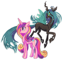 Size: 763x727 | Tagged: source needed, safe, artist:griffsnuff, imported from derpibooru, princess cadance, queen chrysalis, alicorn, changeling, changeling queen, pony, crown, duo, fangs, female, jewelry, mare, outline, regalia, simple background, transparent background, transparent wings, wings