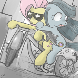 Size: 800x800 | Tagged: dead source, safe, artist:speccysy, imported from derpibooru, fluttershy, marble pie, earth pony, pegasus, pony, duo, duo female, female, floppy ears, flutterbadass, holding on, lesbian, marbleshy, mare, motorcycle, scared, shipping, sunglasses