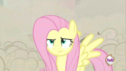 Size: 480x270 | Tagged: safe, imported from derpibooru, screencap, doomie, fluttershy, changeling, pegasus, pony, a canterlot wedding, season 2, animated, disguise, disguised changeling, do me, eyeroll, fake fluttershy, female, gif, hub logo, mare, reaction image, solo focus