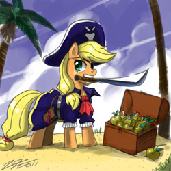 Size: 900x900 | Tagged: safe, artist:johnjoseco, imported from derpibooru, applejack, earth pony, pony, apple, chest, clothes, female, mare, mouth hold, palm tree, pirate, solo, sword, treasure chest, tree, tricorne, weapon