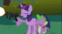 Size: 299x167 | Tagged: safe, edit, edited screencap, imported from derpibooru, screencap, spike, twilight sparkle, dragon, pony, unicorn, friendship is magic, season 1, animated, duo, eyes closed, female, gif, gun, male, mare, mp5, mp5k, muzzle flash, open mouth, ponies with guns, shooting, submachinegun, unicorn twilight, weapon, who needs trigger fingers