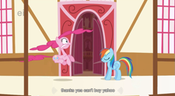 Size: 853x472 | Tagged: safe, imported from derpibooru, screencap, pinkie pie, rainbow dash, earth pony, pegasus, pony, griffon the brush off, season 1, door, duo, duo female, ei, faic, female, hiccup, hiccups, mare, yahoo, youtube caption