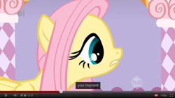 Size: 854x483 | Tagged: safe, imported from derpibooru, screencap, fluttershy, pegasus, pony, suited for success, carousel boutique, female, impotence, mare, solo, youtube caption