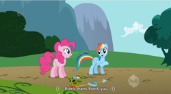 Size: 854x473 | Tagged: safe, imported from derpibooru, screencap, pinkie pie, rainbow dash, earth pony, pegasus, pony, griffon the brush off, season 1, duo, duo female, ei, female, hub logo, mare, youtube caption