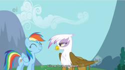 Size: 851x474 | Tagged: safe, edit, edited screencap, imported from derpibooru, screencap, gilda, rainbow dash, griffon, pegasus, pony, griffon the brush off, season 1, caption, duo, duo female, ei, female, hub logo, kill me, mare, smiling, text, youtube caption