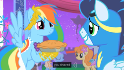 Size: 639x360 | Tagged: safe, edit, edited screencap, imported from derpibooru, screencap, carrot top, diamond mint, golden harvest, rainbow dash, soarin', earth pony, pegasus, pony, unicorn, the best night ever, caption, clothes, dress, female, gala dress, goggles, male, mare, night, pie, shaved, stallion, uniform, wonderbolts uniform, youtube caption