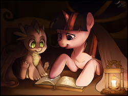 Size: 1600x1200 | Tagged: safe, artist:imalou, imported from derpibooru, spike, twilight sparkle, dragon, pony, unicorn, blanket, book, candle, cute, duo, female, lantern, male, mama twilight, mare, prone, reading