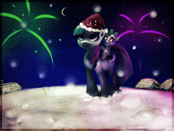 Size: 1600x1200 | Tagged: safe, artist:imalou, imported from derpibooru, spike, twilight sparkle, dragon, pony, unicorn, christmas, dragons riding ponies, duo, female, fireworks, hat, male, mare, moon, night, riding, santa hat, smiling, snow, snowfall, spike riding twilight, stars