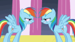 Size: 480x270 | Tagged: safe, imported from derpibooru, screencap, rainbow dash, changeling, pegasus, pony, a canterlot wedding, season 2, animated, disguise, disguised changeling, duality, duo, female, gif, mare