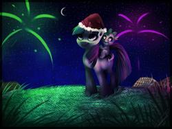 Size: 1600x1200 | Tagged: safe, artist:imalou, imported from derpibooru, spike, twilight sparkle, dragon, pony, unicorn, christmas, dragons riding ponies, duo, female, fireworks, grass, hat, male, mare, moon, night, riding, santa hat, smiling, spike riding twilight, stars