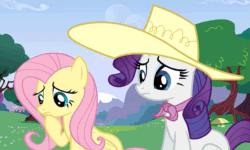 Size: 833x500 | Tagged: safe, imported from derpibooru, screencap, fluttershy, rarity, pegasus, pony, unicorn, a canterlot wedding, season 2, animated, female, gif, hat, looking at each other, mare, sitting, worried